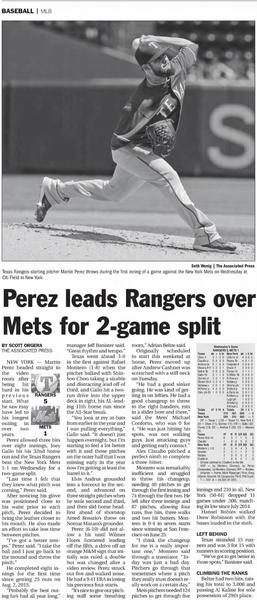 Perez Leads Rangers Over Mets for 2-game Split