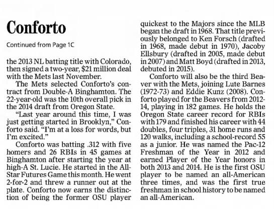 Conforto at Bat: Former Oregon State Slugger Has Reached the Big Leagues (2 of 2)