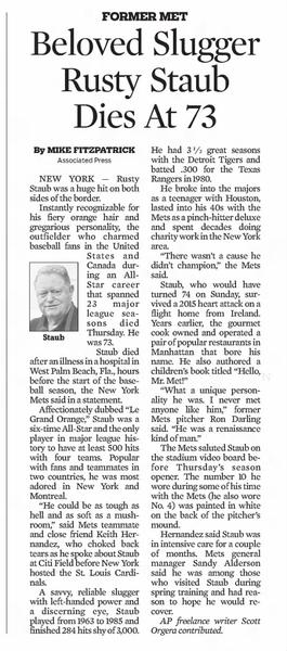 Beloved Slugger Rusty Staub Dies at 73 (Contributor)