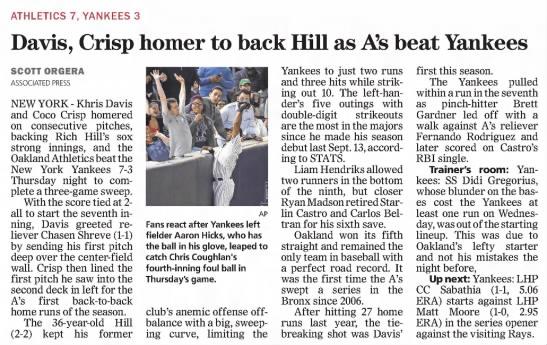 Davis, Crisp Homer to Back Hill as A's Beat Yankees