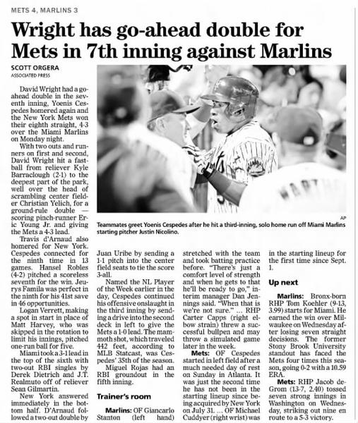 Wright Has Go-Ahead Double for Mets in 7th Inning Against Marlins