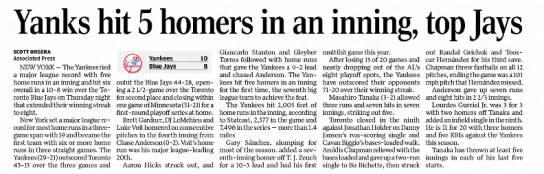 Yanks Hit 5 Homers in an Inning, Top Jays